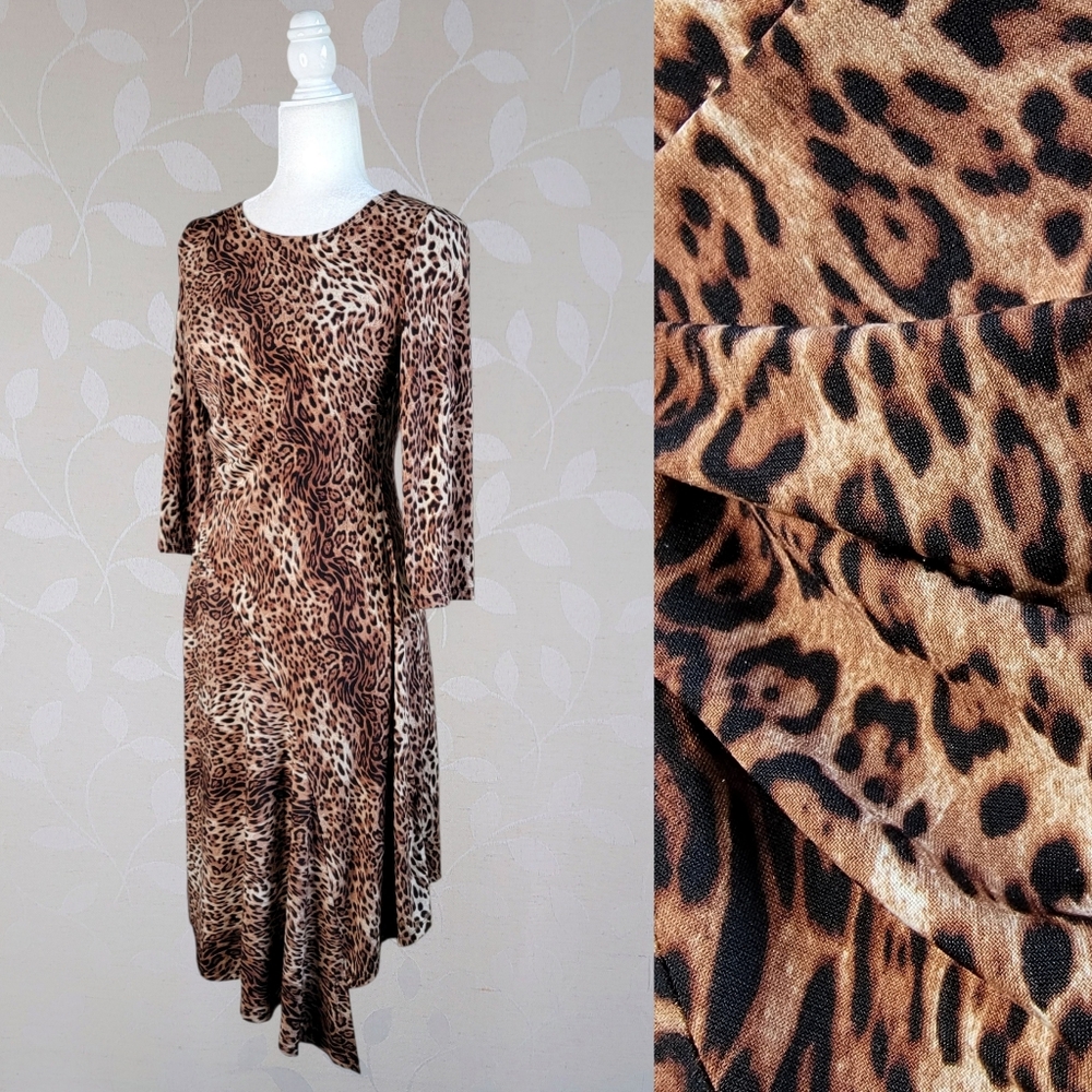 Vintage 90s Y2K Leopard Print Dress Ruched Asymmetrical Hem Brown Robbie Bee